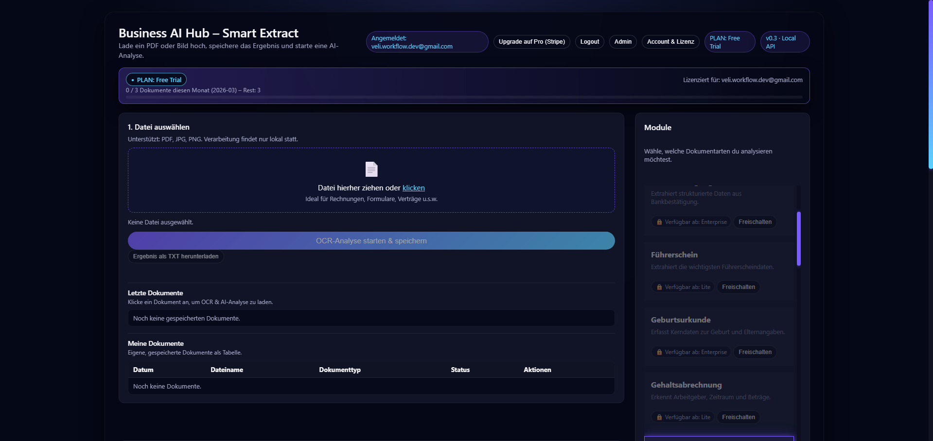 Screenshot des Dashboards von Business AI Hub