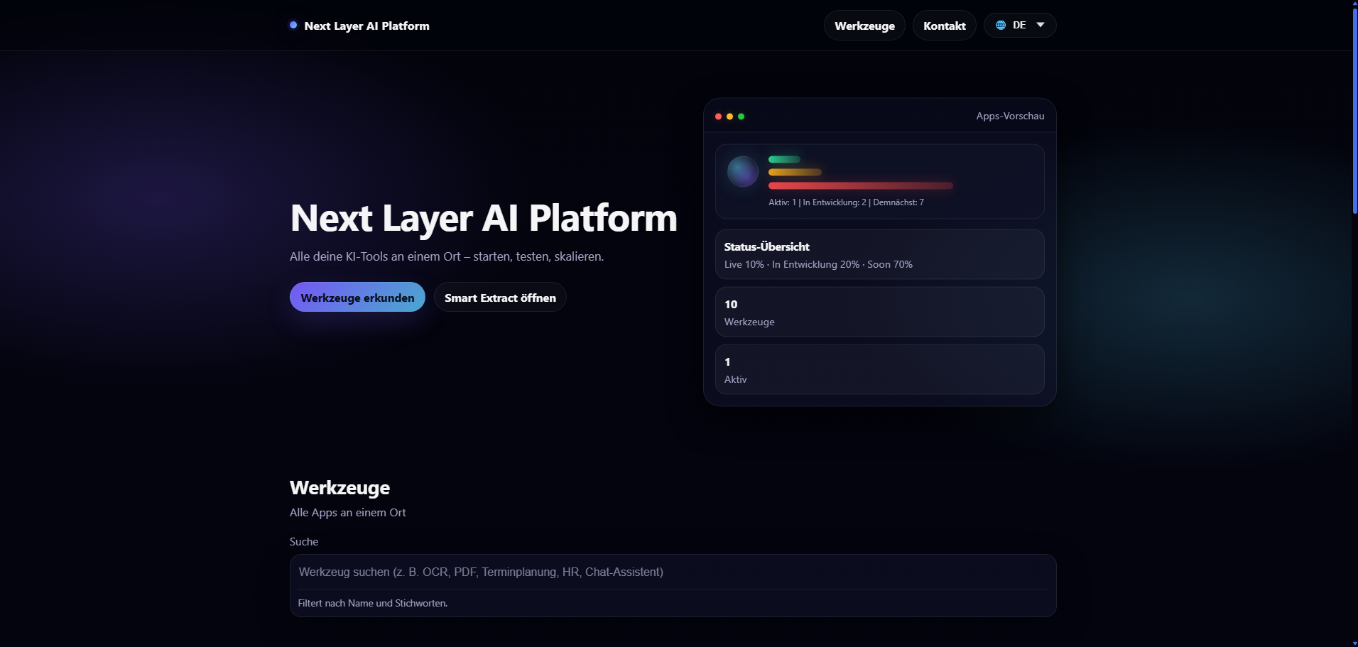 Screenshot der Startseite von Next Layer AI Platform