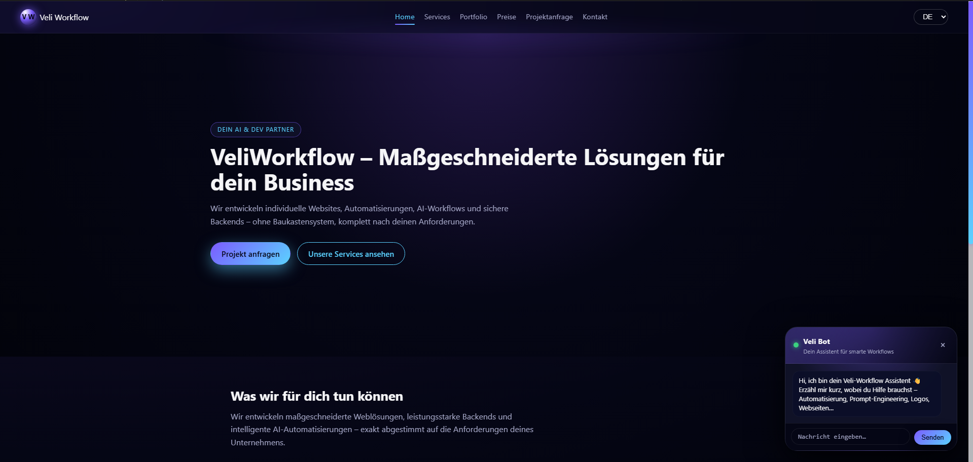 Screenshot der Startseite von Veli Workflow